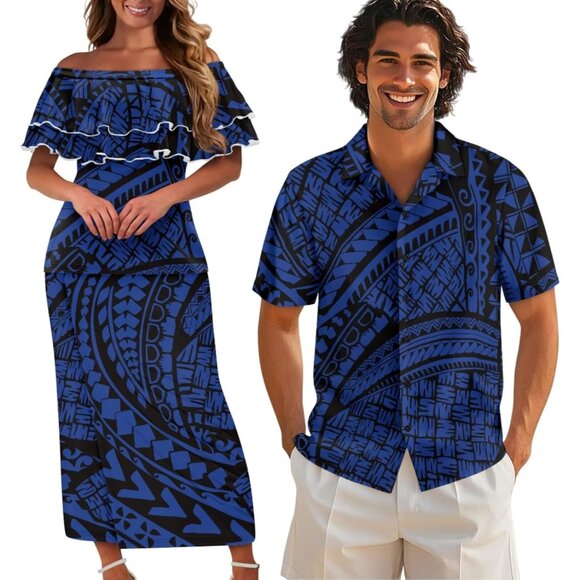 Polynesian Couples Outfits Matching Sets Women Dress Men Shirt Beach Luau - Picture 2 of 7